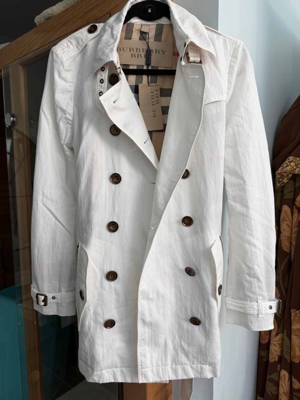 Burberry White Coat with Bronze Logo Button